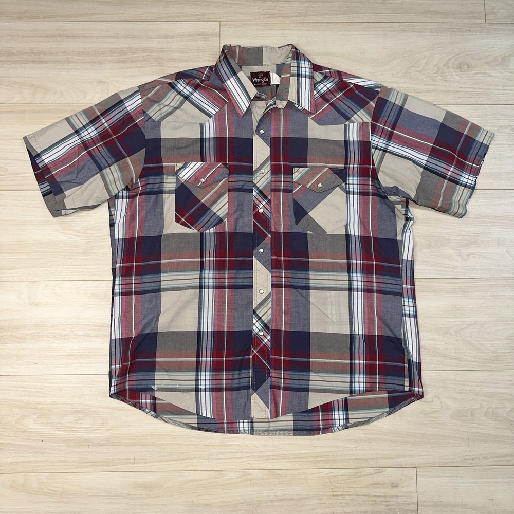 Wrangler‎ Western Shirt Adult XL Red Plaid Pearl Snaps Pocket Short Sleeve 90s